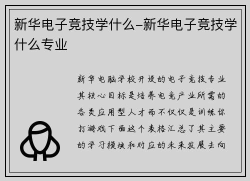 新华电子竞技学什么-新华电子竞技学什么专业